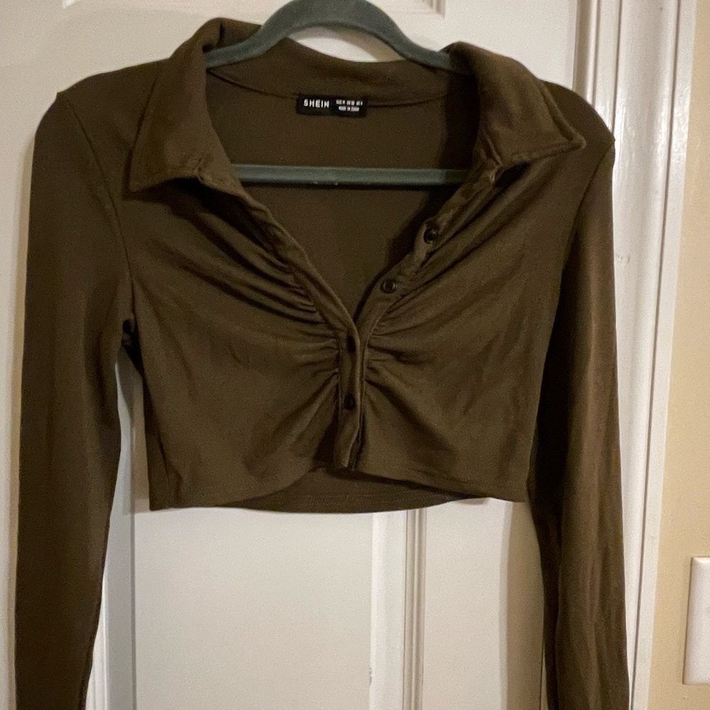 Brown Collard Button up Crop Top